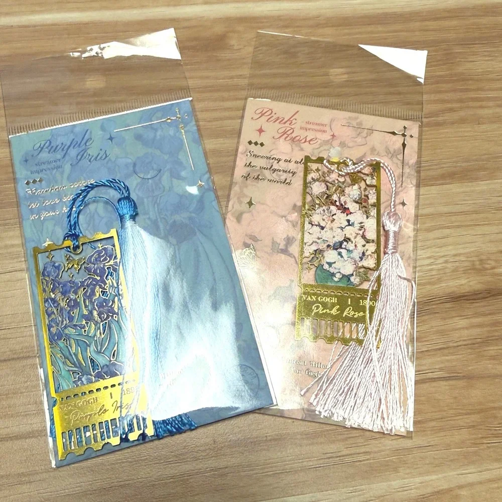 Van Gogh Metal Bookmark Set Purple Iris Pink Rose Floral Tassel Art 2pc NEW
